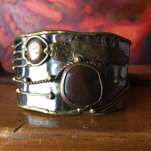 Bohemian hammered brass and metal cuff bracelet